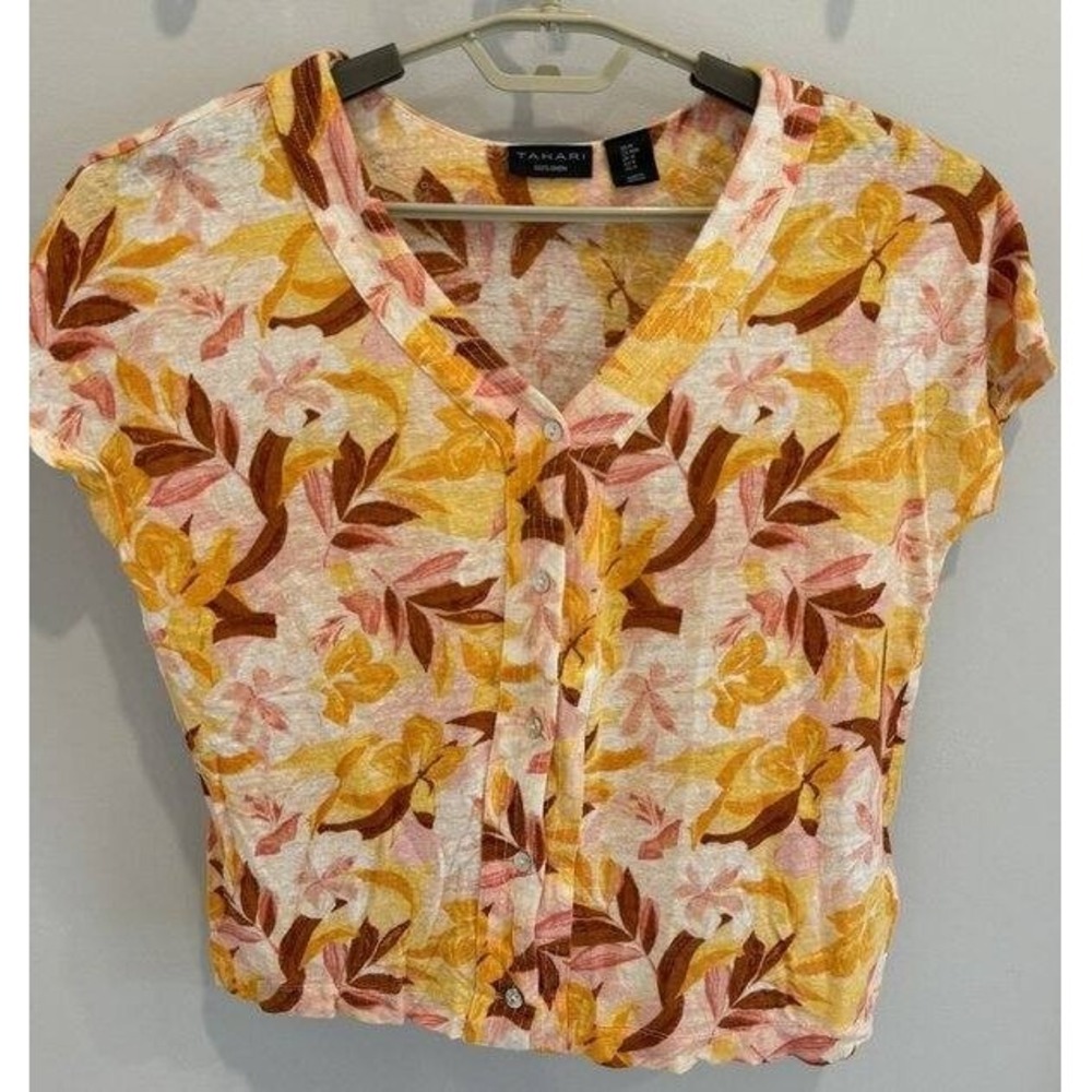 Tahari 100% Linen Button Front V Neck Short Sleeve Shirt Warm Floral Size M